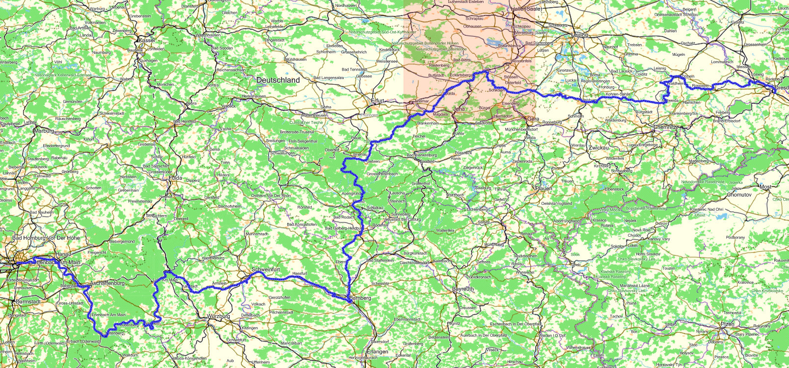 Übersichtskarte der Radtour Dresden nach Frankfurt